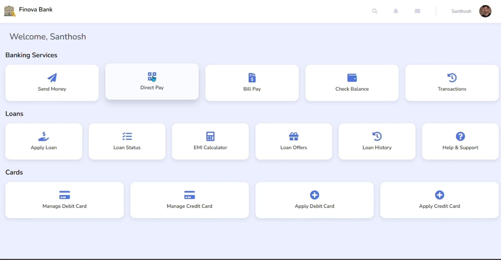 Finova — Web-Based Bank Management System dashboard